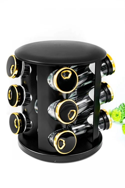 حامل توابل لون أسود و ذهبي من الفولاذ المقاوم للصدأ مع 12 عبوة زجاجية بغطاء محكم و بقاعدة دوران 360 درجة