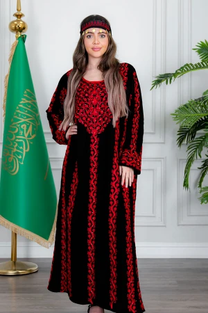 جلابية نسائي شمالي لون أسود بتطريز تراثي أحمر ياقة دائرية و أكمام طويلة