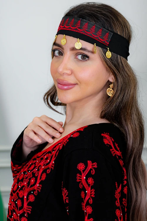 جلابية نسائي شمالي لون أسود بتطريز تراثي أحمر ياقة دائرية و أكمام طويلة