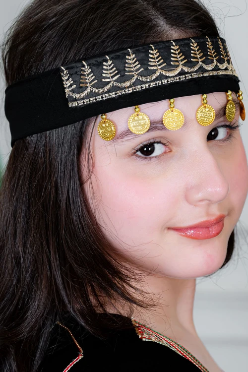 طوق شعر تراثي لون أسود مطرز باللون البيج و مزين بجنيهات ذهبية