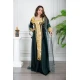 جلابية نسائية تراثية لون زيتي بتطريز تراثي ذهبي من الأمام و الأكمام برباط في الجانبين مع قماش شيفون من الخارج