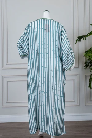 Moroccan women's djellaba, green striped, with embroidered trim on the collar and sleeves.