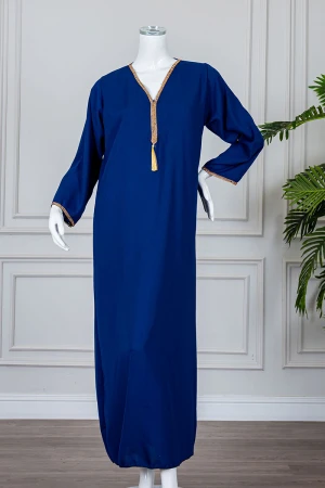 جلابية نسائية متعددة الألوان مزينة بكلفة في الياقة و الأكمام