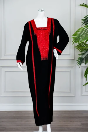 جلابية نسائي شمالي لون أسود بتطريز تراثي أحمر ياقة مربعة و أكمام طويلة