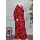 جلابية نسائي لون أحمر مزينة بزخارف باللون البيج ياقة عالية بقصة سبعة و أكمام طويلة