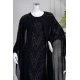 فستان نسائي لون أسود قطعتين ياقة دائرية بأكمام طويلة مزين بفصوص من الأمام مع شيفون ملكي