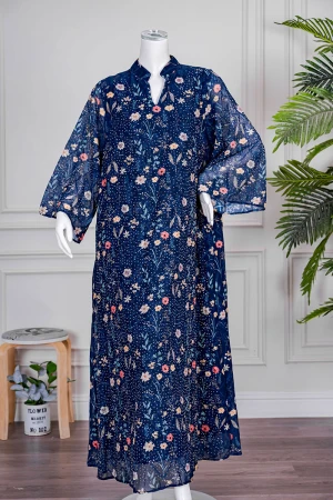 جلابية نسائي لون كحلي مزينة بالورود الملونة ياقة عالية بقصة سبعة و أكمام طويلة 