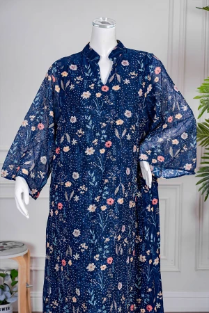 جلابية نسائي لون كحلي مزينة بالورود الملونة ياقة عالية بقصة سبعة و أكمام طويلة 