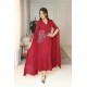 فستان نسائي لون أحمر ياقة قصة سبعة و بأكمام طويلة مزين بتطريز فضي من الجنب