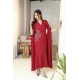 فستان نسائي لون أحمر ياقة قصة سبعة و بأكمام طويلة مزين بتطريز فضي من الجنب