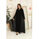 عباية نسائية لون أسود ياقة قصة سبعة مزينة برسومات هندسية على الجانبين و الياقة مع طرحة