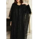عباية نسائية لون أسود ياقة بقصة سبعة و طقطق من الأمام مزينة بقماش دانتيل