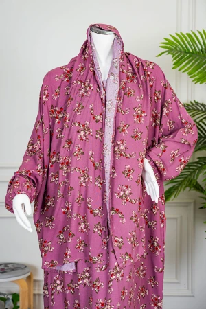 شرشف صلاة لون وردي مشجر بسحاب مخفي من الأمام و زم من الأكمام مع طرحة متصلة