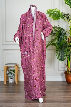 شرشف صلاة لون وردي مشجر بسحاب مخفي من الأمام و زم من الأكمام مع طرحة متصلة