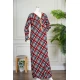 جلابية نسائية بخطوط و مربعات ملونة متقاطعة ياقة بقصة سبعة مزينة بكلفة ذهبية من الياقة و أطراف الأكمام