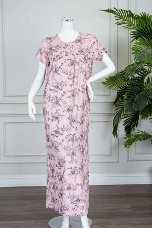 قميص نسائي طويل لون خربزي مشجر ياقة دائرية بأزرار من الأمام و بأكمام قصيرة 