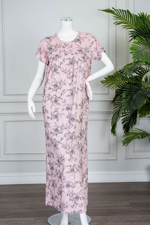 قميص نسائي طويل لون خربزي مشجر ياقة دائرية بأزرار من الأمام و بأكمام قصيرة