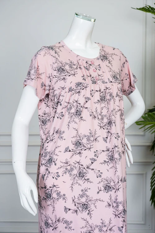 قميص نسائي طويل لون خربزي مشجر ياقة دائرية بأزرار من الأمام و بأكمام قصيرة