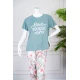 بيجاما نسائية قطعتين تيشيرت لون تيفاني بياقة دائرية مزينة بكتابات من الأمام و أكمام قصيرة مع بنطلون طويل مشجر