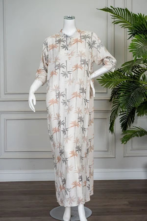 قميص نسائي طويل لون بيج مشجر ياقة دائرية بأزرار من الأمام و بأكمام ميدي