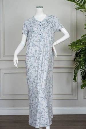 قميص نسائي طويل لون رمادي مشجر ياقة دائرية بأزرار من الأمام و بأكمام قصيرة