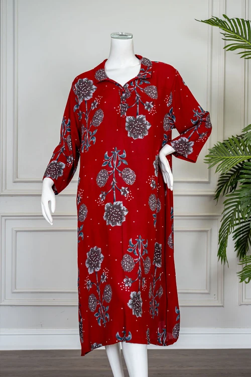 قميص نسائي ميدي لون أحمر مشجر ياقة مطوية بأزرار من الأمام و بأكمام طويلة