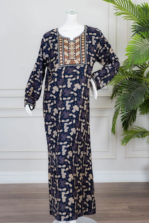 قميص نسائي طويل لون كحلي مشجر ياقة بكلفة مطرزة من الأمام و بأكمام طويلة