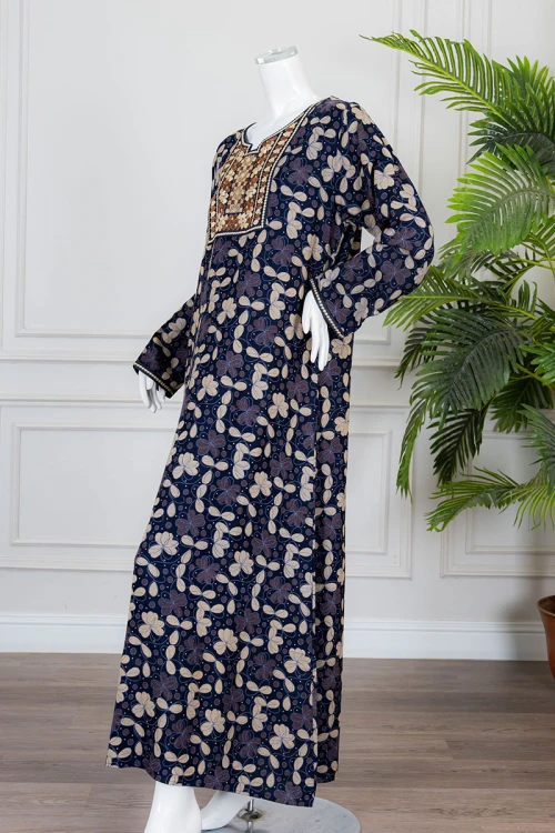 قميص نسائي طويل لون كحلي مشجر ياقة بكلفة مطرزة من الأمام و بأكمام طويلة