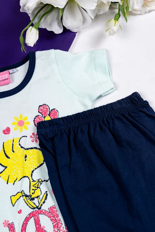 طقم-بناتي-قطعتين-تيشيرت-باللون-التفاحي-الفاتح-مزين-بكتابات-