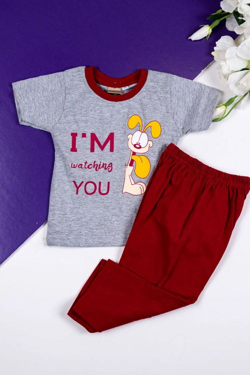 طقم ولادي قطعتين تيشيرت باللون الرمادي مزين بكتابات و رسومات من الأمام مع بنطلون طويل لون عودي
