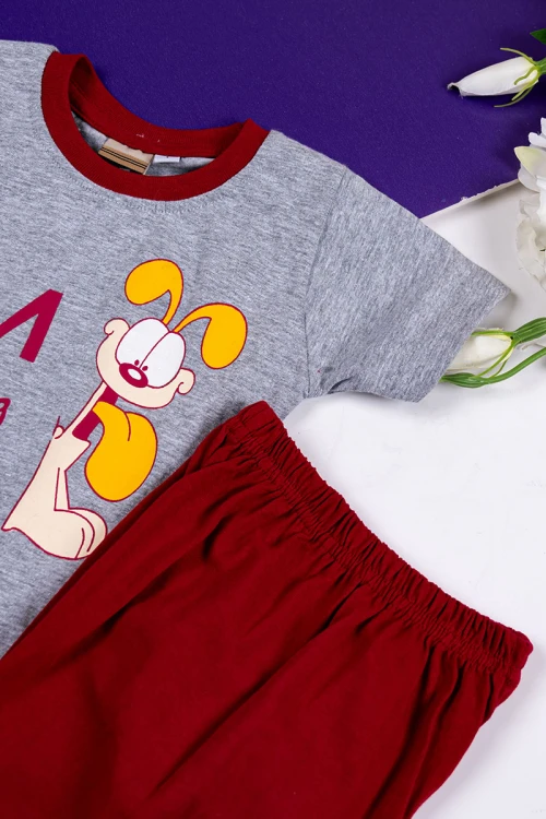 طقم ولادي قطعتين تيشيرت باللون الرمادي مزين بكتابات و رسومات من الأمام مع بنطلون طويل لون عودي