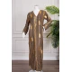 جلابية نسائية طويلة لون بني مزينة بزخارف باللون الذهبي ياقة بقصة سبعة و أكمام طويلة