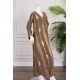 جلابية نسائية طويلة لون بني مزينة بزخارف باللون الذهبي ياقة بقصة سبعة و أكمام طويلة