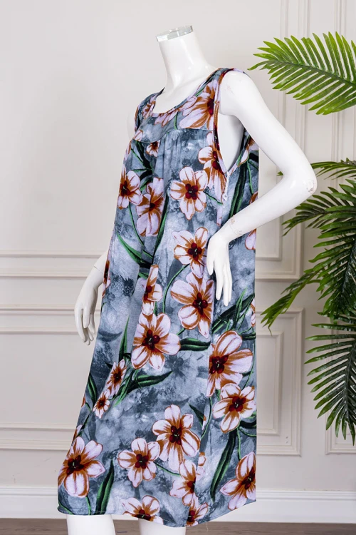 قميص نسائي قصير لون رصاصي مشجر ياقة دائرية و بدون أكمام