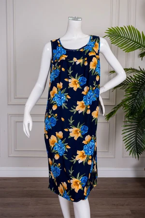 قميص نسائي قصير لون كحلي مشجر ياقة دائرية و بدون أكمام 