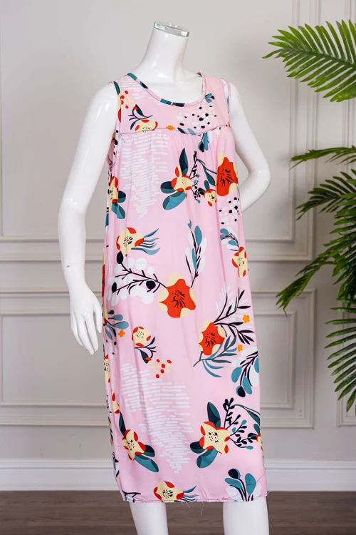 قميص نسائي قصير لون وردي مشجر ياقة دائرية و بدون أكمام