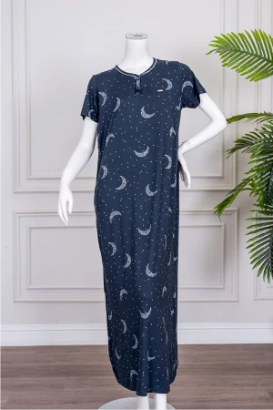 قميص نسائي طويل لون كحلي مزين برسومات ياقة دائرية بأزرار من الأمام و بأكمام قصيرة 