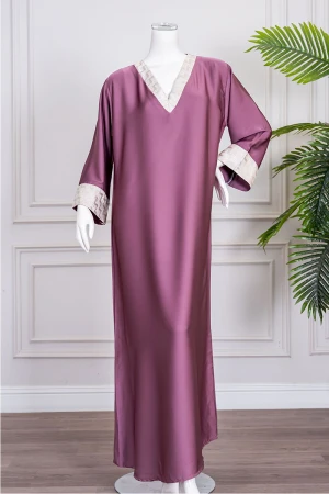 جلابية نسائية لون موف ياقة بقصة سبعة و بأكمام طويلة 