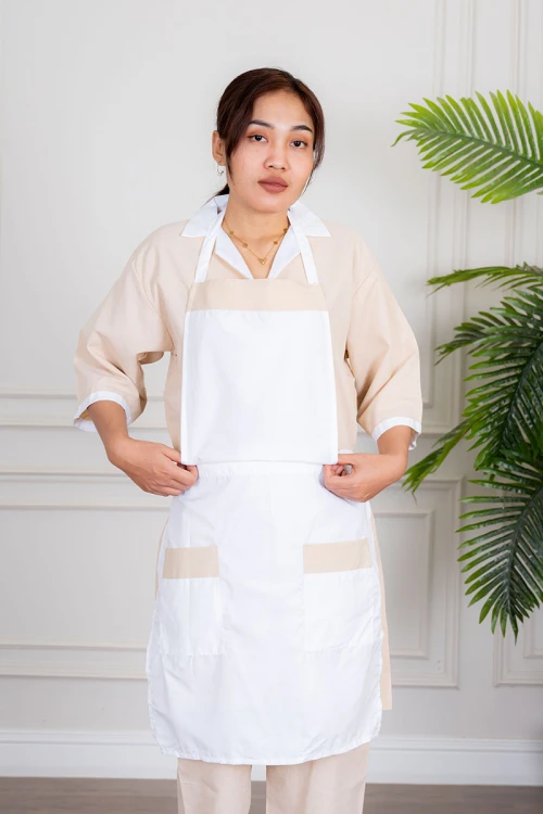 زي عاملة منزلية ثلاث قطع متعدد الألوان قميص طويل بياقة مطوية بسحاب قصير و جيوب من الأمام مع مريلة بجيب عملي و رباط على الجانبين و بنطلون طويل