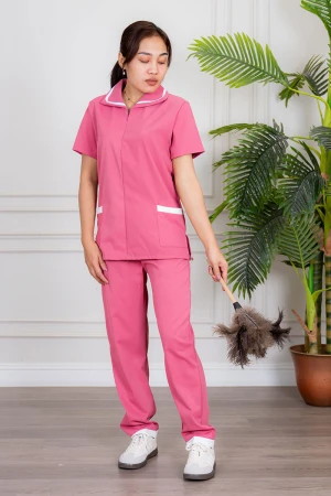 زي عاملة قطعتين متعدد الألوان بلوزة بياقة مطوية بسحاب مخفي و جيوب من الأمام ذو أكمام قصيرة مع بنطلون طويل