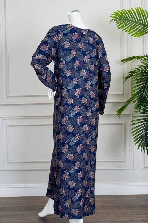 جلابية نسائية طويلة لون كحلي مشجر ياقة بكلفة مطرزة من الأمام و بأكمام طويلة