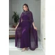فستان سهرة لون بنفسجي غامق بياقة عالية بتصميم الكاب المنسدل مطرز بالفصوص الكريستالية و بحزام في الخصر