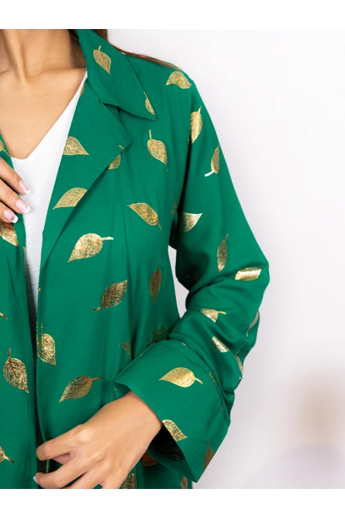 طقم قطعتين فستان وعباية ليوم التأسيس بطبعة أوراق شجر