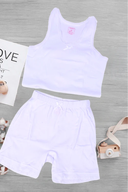 طقم بناتي داخلي لون أبيض قطعتين فنيله علاقي بشريط أبيض  وشورت بخصر مطاطي