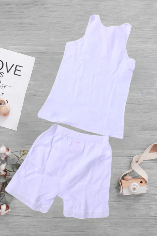 طقم بناتي داخلي لون أبيض قطعتين فنيله علاقي بشريط أبيض  وشورت بخصر مطاطي