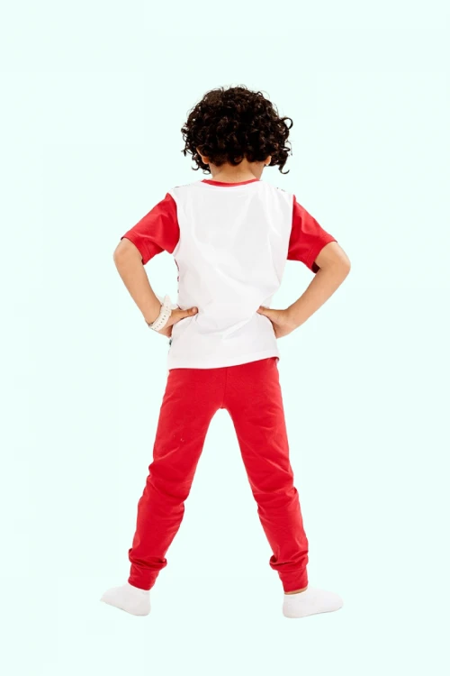 بيجاما ولادي سبيستون قطعتين لون أحمر و أبيض بأشكال شخصيات كرتونية كودو مودو و بنطلون طويل