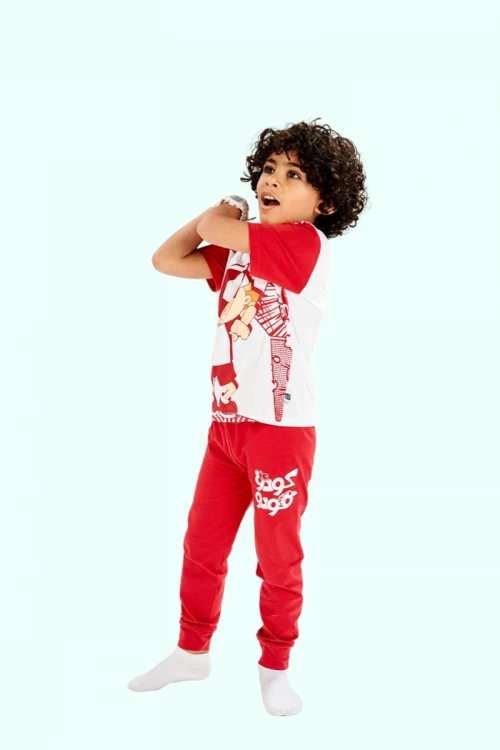 بيجاما ولادي سبيستون قطعتين لون أحمر و أبيض بأشكال شخصيات كرتونية كودو مودو و بنطلون طويل