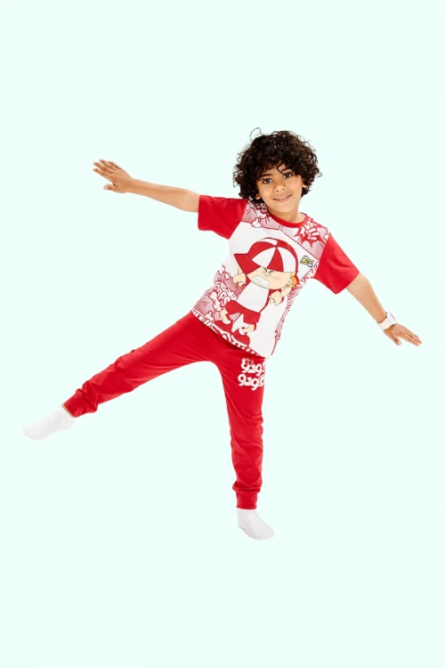 بيجاما ولادي سبيستون قطعتين لون أحمر و أبيض بأشكال شخصيات كرتونية كودو مودو و بنطلون طويل