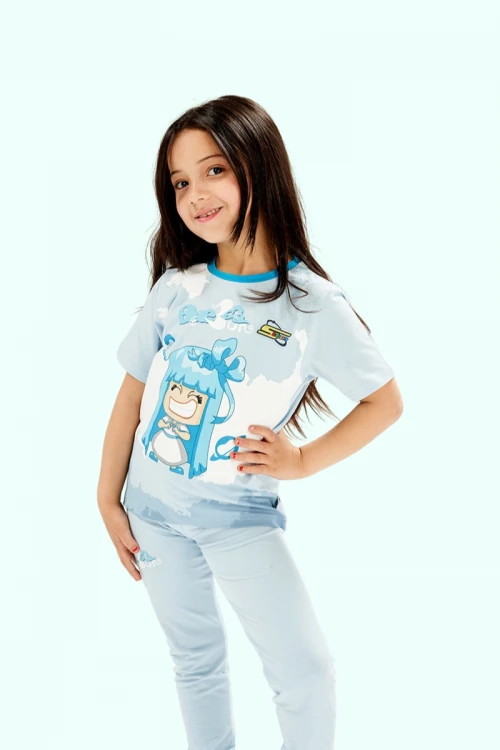 بيجاما بناتي سبيستون قطعتين لون سماوي  بأشكال شخصيات كرتونية و بنطلون طويل