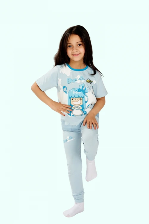 بيجاما بناتي سبيستون قطعتين لون سماوي  بأشكال شخصيات كرتونية و بنطلون طويل